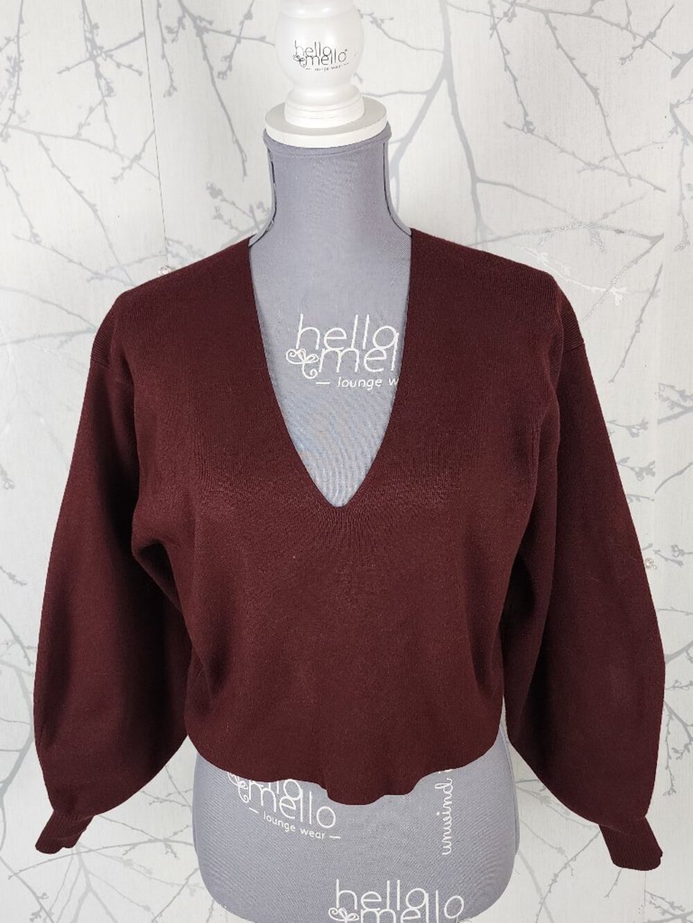 Babaton Burgundy Knit V-Neck Balloon Sleeve Wren Sweater